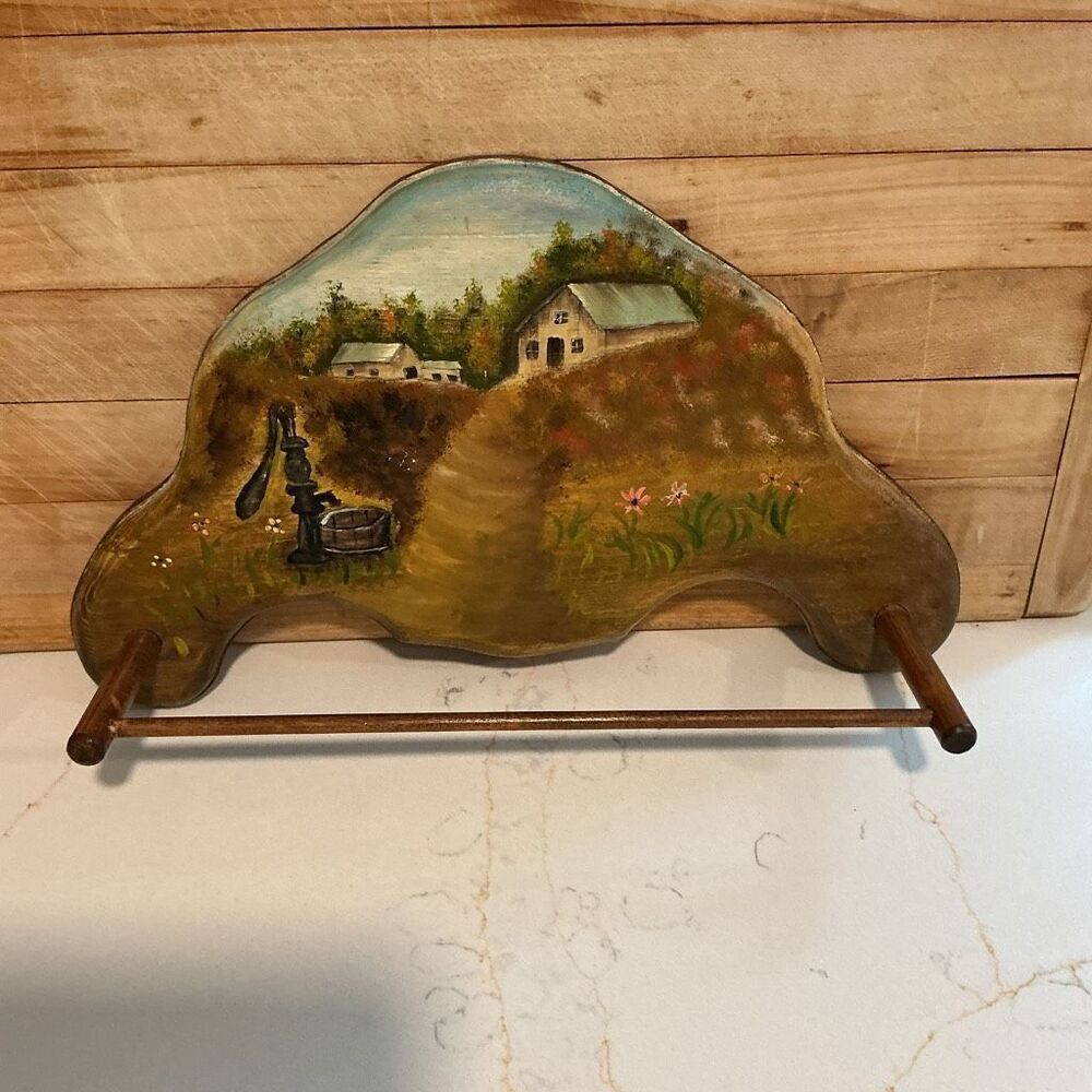 Hand-painted Wooden Towel Rack Cottage scene with flowers water pump